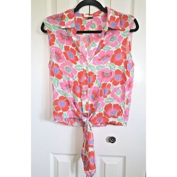 Theory Sz Petite-Small Tie Front Sleeveless Button-Up Blouse Hibiscus Floral Top - Picture 1 of 6